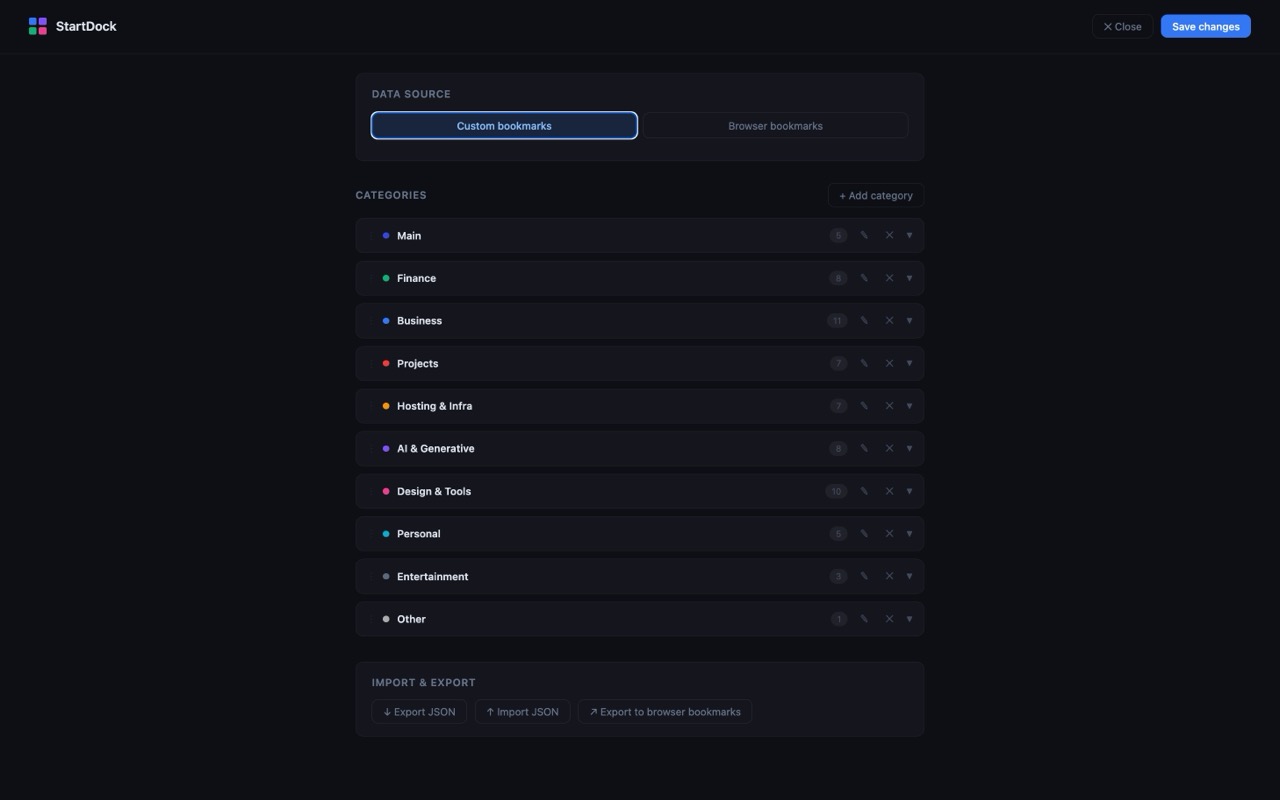 StartDock settings page